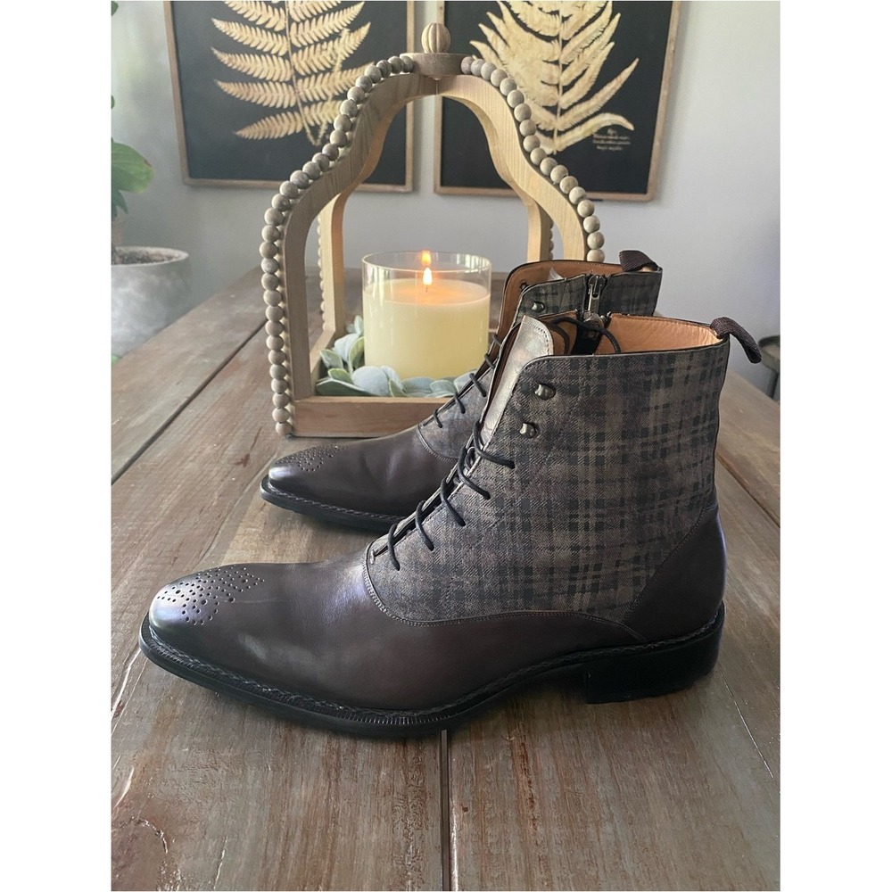 Mezlan Grimaldi Custom Leather Plaid Side Zip Lace Up Boots Shoe Mens 11 M Brown - Picture 5 of 14
